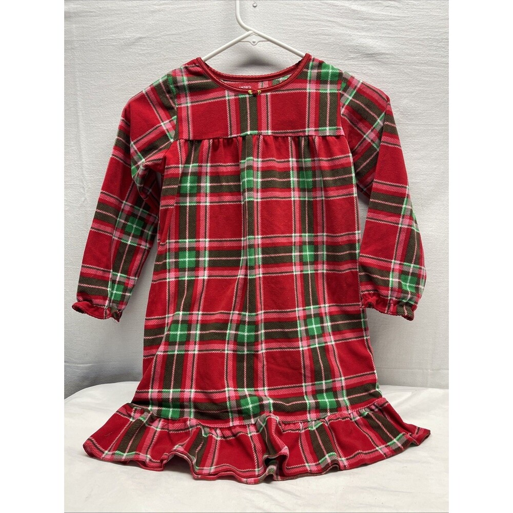 Carter’s Girls Christmas Red Green Plaid Fleece Nightgown Size 8-10 Holidays